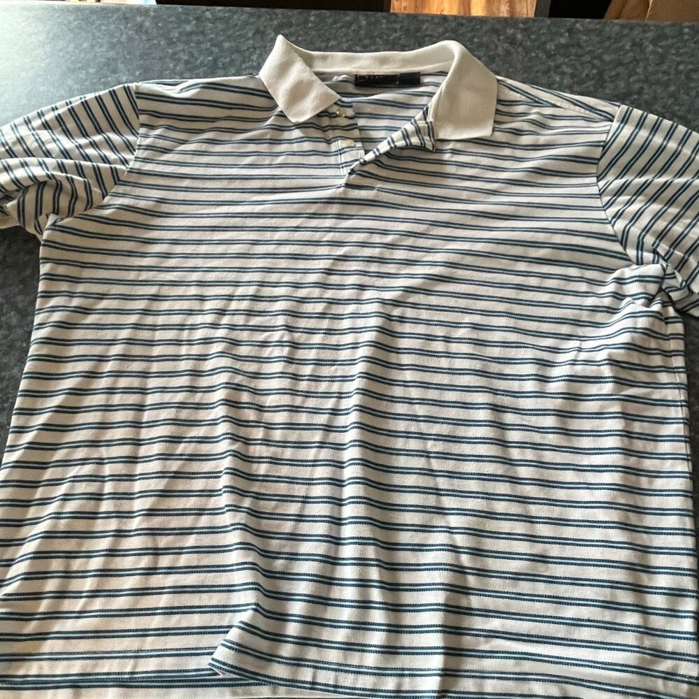 Men's polo shirt - Basic Editions - White with two shades of blue stripes  - 2XL